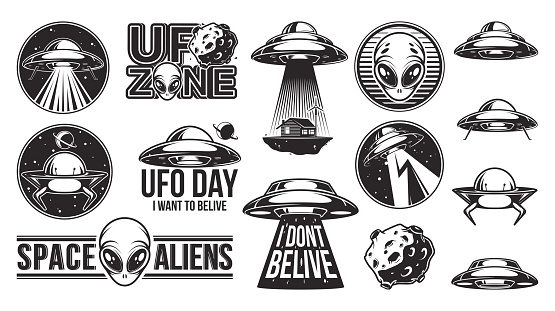 Aliens logo big set. Ufo Day. Meteor, asteroid. Badges with spaceships and abduction. Civiliztion research labels. Vector illustration.