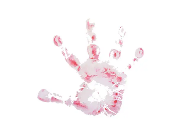 Vector illustration of Trace of a human hand. Vector print of a child palm, red. The object is isolated on a white background.