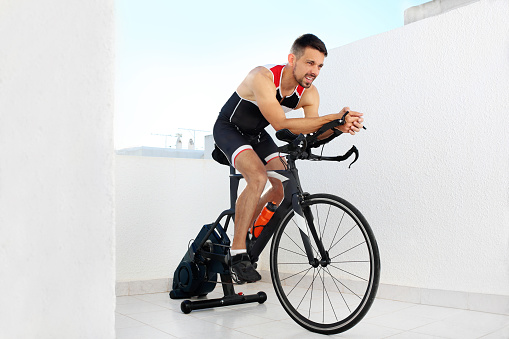 Sports training on a stationary exercise bike.