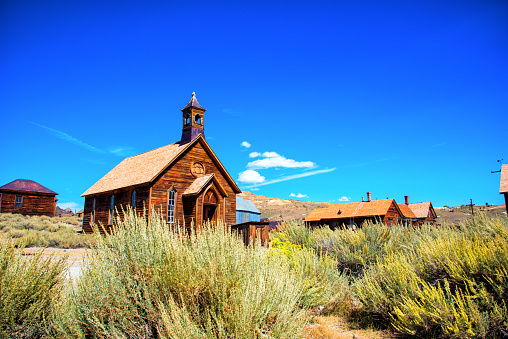 The church in the center of Bodie; an abandoned California mining Ghost Town along the foothills of the eastern Sierra.