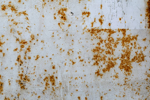 istock Metal surface with white paint that has passed temporary damage, a lot of formed, red rust. 1220125621