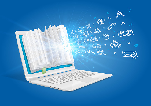 A Laptop With A General Knowledge Book An Elearning System Stock  Illustration - Download Image Now - iStock