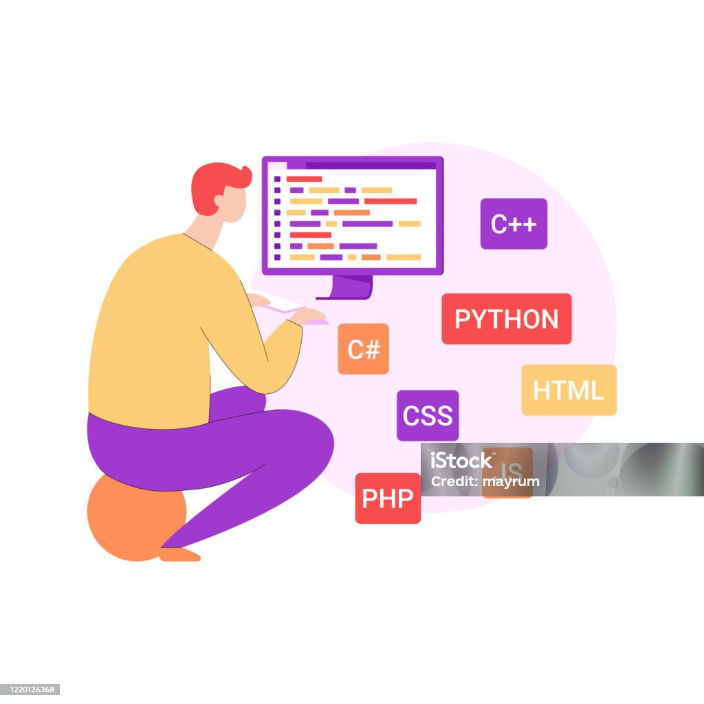 Programmer Working On Computer Study Of Programming Languages Vector ...