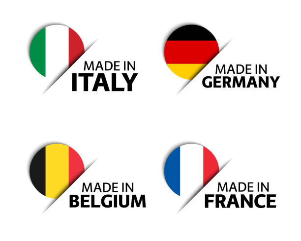 zestaw czterech naklejek włoskich, niemieckich, belgijskich i francuskich. wyprodukowano we włoszech, wyprodukowano we francji, wyprodukowano w niemczech i wyprodukowano w belgii. proste ikony z flagami odizolowanymi na białym tle - belgium stock illustrations