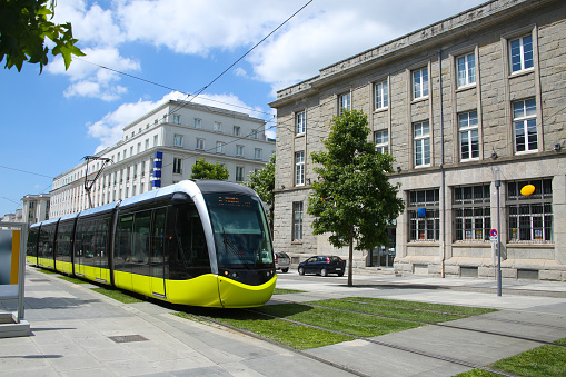 City center of Brest, showing the pedestrian shopping area & tram. Brest is a port city in Brittany, in northwestern France, bisected by the Penfeld river. It is known for its rich maritime history and naval base.