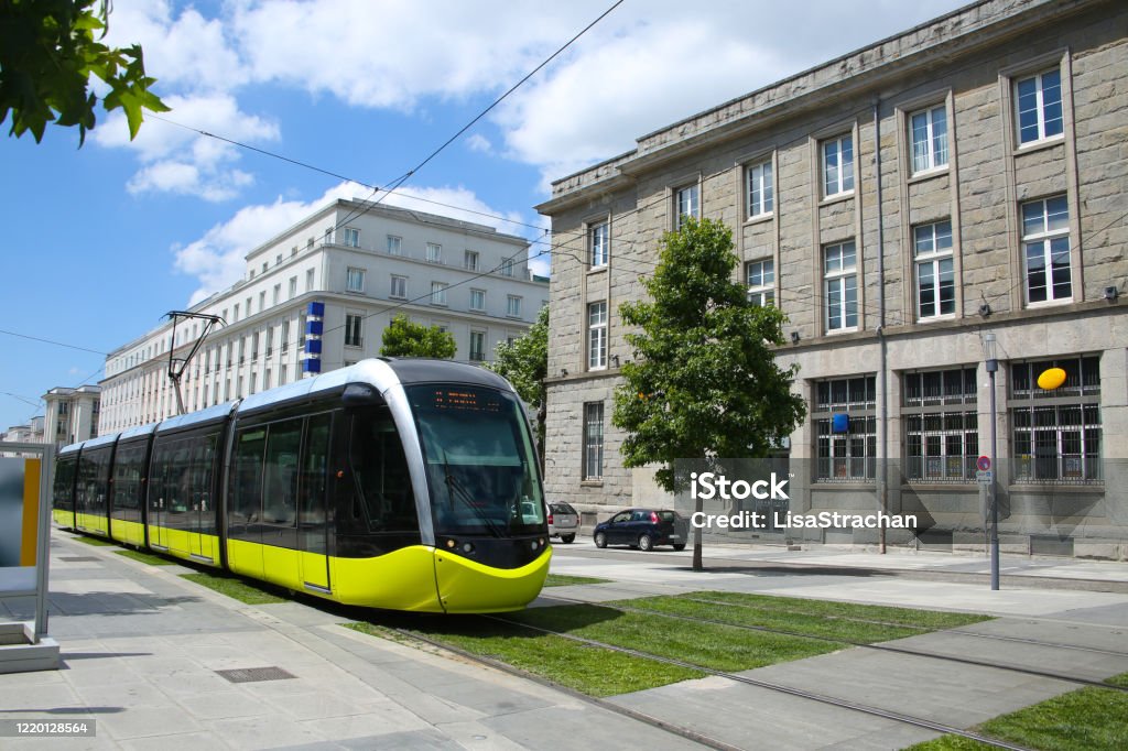 City center of Brest, showing the pedestrian shopping area & tram. Brest is a port city in Brittany, in northwestern France, bisected by the Penfeld river. It is known for its rich maritime history and naval base. Brest - Brittany Stock Photo