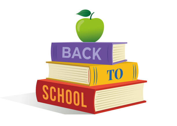 zurück zur schule banner-design mit stapel von buch und apfel auf der oberseite. - textbook book apple school supplies stock-grafiken, -clipart, -cartoons und -symbole