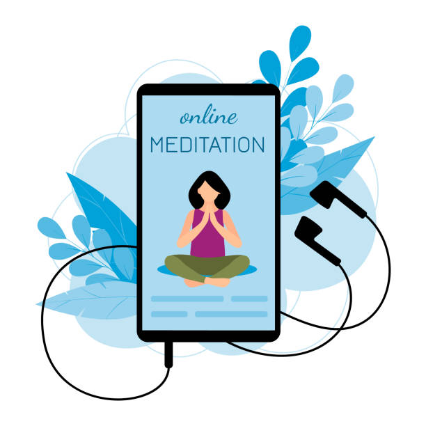 koncepcja jogi online z telefonami komórkowymi i słuchawkami. ekran z dziewczyną w medytacji praktyk lotosu jogi. ilustracja wektorowa w stylu płaskim. - lotus position audio stock illustrations