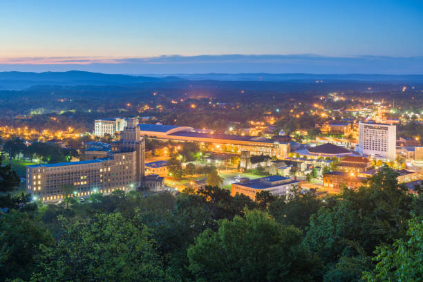 Hot Springs, Arkansas, USA Hot Springs, Arkansas, USA town skyline from above at dawn. hot spring stock pictures, royalty-free photos & images