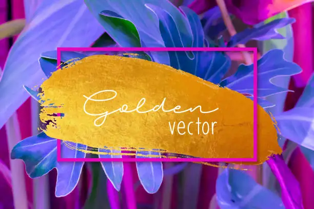 Vector illustration of Golden Brush Stroke with Blue Tropical Leaves Background. Gold Shiny Grunge Texture. Gold Foil Brush Stroke Clip Art. Metallic Golden Texture Design Element for Greeting Cards and Labels, Abstract Background.