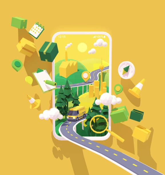 Vector courier delivery service app illustration Vector parcel and mail delivery service and tracking app illustration, Smartphone with yellow delivery truck or van on the highway, road from factory to customer home. Supply chain freight transportation illustrations stock illustrations