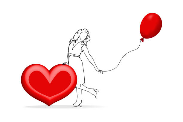 istock Vector illustration. Continuous line drawing beautiful woman with red heart and balloon. Cute young girl one line sketch on white background. Concept for birthday greeting card, banner, poster, flyer 1220134564