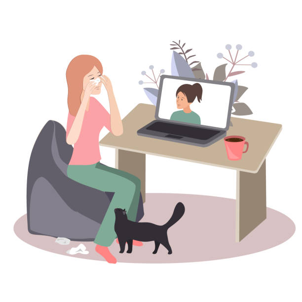 ilustrações de stock, clip art, desenhos animados e ícones de crying woman seating at her desk in front of her laptop having an online call with her therapist. vector illustration - dependency assistance help advice