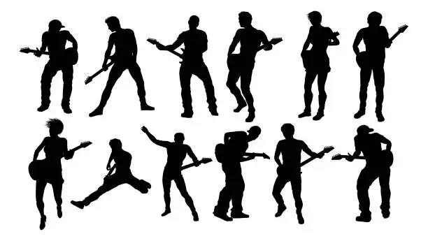Vector illustration of Silhouette Guitarist Musicians Set