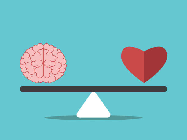 Balance, mind and emotion Brain and heart on seesaw weight scale. Mind and emotion balance, intelligence, feeling, choice, justice and mercy concept. Flat design. EPS 8 vector illustration, no transparency, no gradients 2 hearts stock illustrations