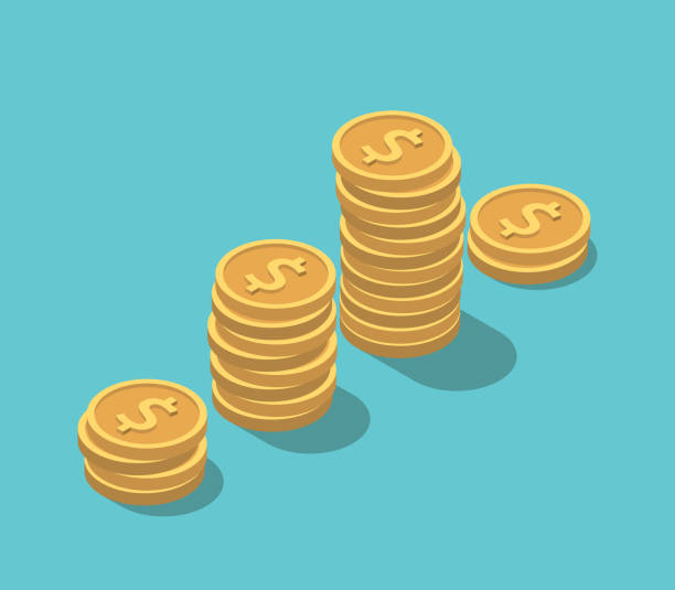 Dollar coins stacks, crisis Isometric gold dollar coins stacks on turquoise blue. Financial crisis, sudden decrease, investment and market concept. Flat design. EPS 8 vector illustration, no transparency, no gradients us dollar collapse stock illustrations