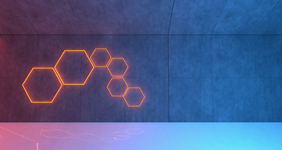 Empty space with concrete walls illuminated by blue light and hexagon shaped orange neon. Futuristic background for science, technology and space exploration. Copy space on right side. No people.