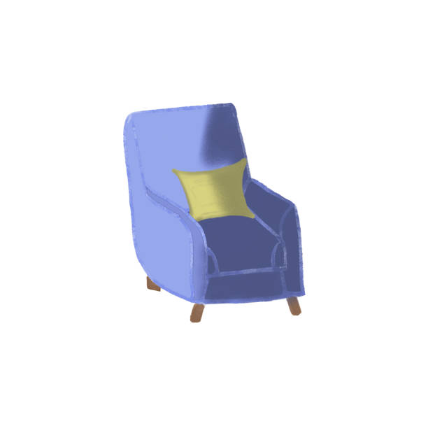 青いアームチェアで、白に分離した黄色の枕。家庭用家具。インテリアデザイン。手描き。パステル。 - armchair chair leather black点のイラスト素材／クリップアート素材／マンガ素材／アイコン素材