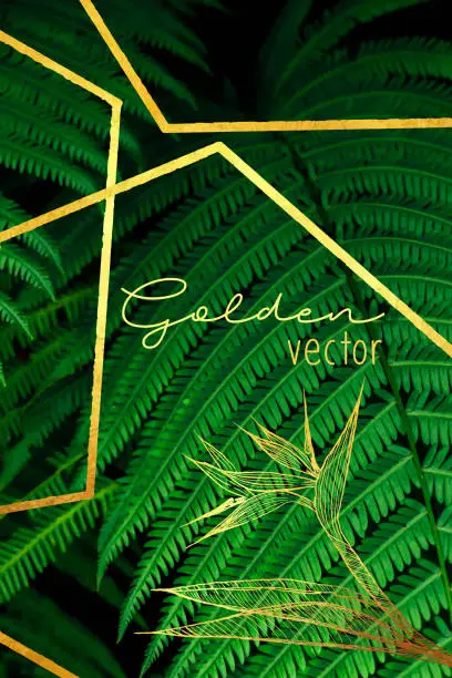 Vector illustration of Tropical Leaves with Gold Lines, Abstract Background. Gold Shiny Grunge Texture. Metallic Golden Texture Design Element for Greeting Cards and Labels, Abstract Background.