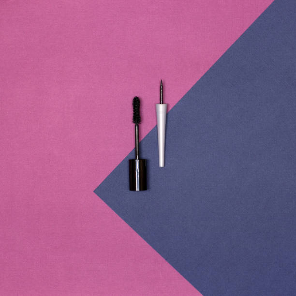 Black mascara and eyeliner. Top view, flat lay. Eye makeup essentials