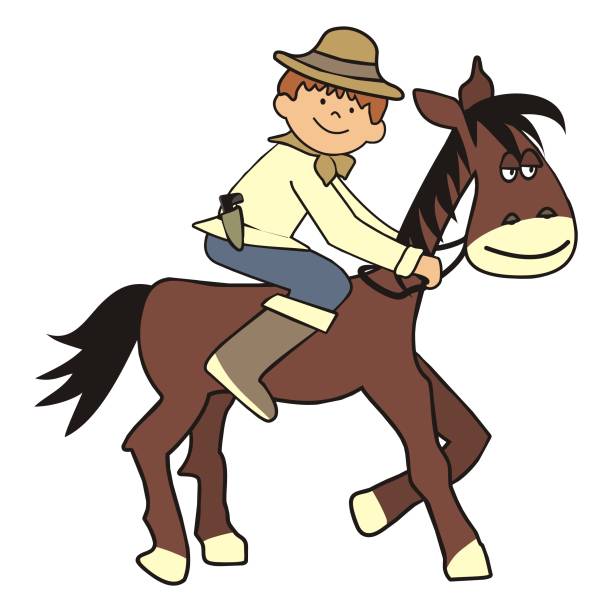 cowboy mit pferd, lächelnde vektor-illustration - cowboy hat wild west single object white background stock-grafiken, -clipart, -cartoons und -symbole