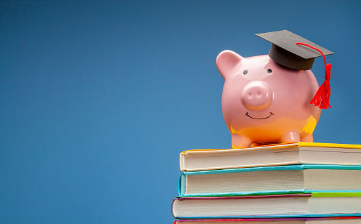 Piggy bank in graduate hat on stack of books. Blue background. Copy space for text.