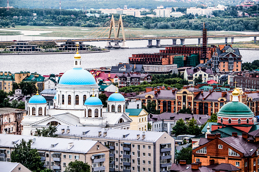 Aerial photo of Kazanskiy Cathedral with Millennium Bridge in the background, Kazan, Russia.