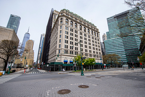 New York, New York - USA – April 20, 2020: Battery Place is clear of tourists due to health concerns to stop the spread of Coronavirus in New York City on Monday, April 20, 2020.