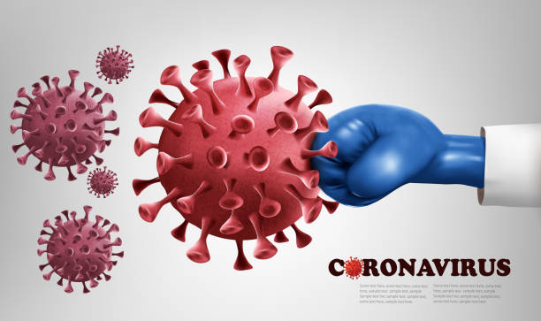 istock Hand wearing a blue boxing glove fighting with COVID-19 virus. Fight coronavirus concept. Vector illustration. 1220149425