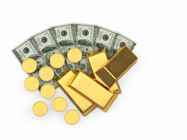 istock Pile of gold bars and coins on dollar bills 1220149902