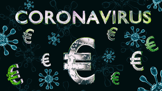 3D rendering of Euro currency symbols with the text Coronavirus and a 3d image of viruses - abstract background text Coronavirus and 3D rendering of Euro currency symbols. Text, currency symbols and virus models on a dark background.