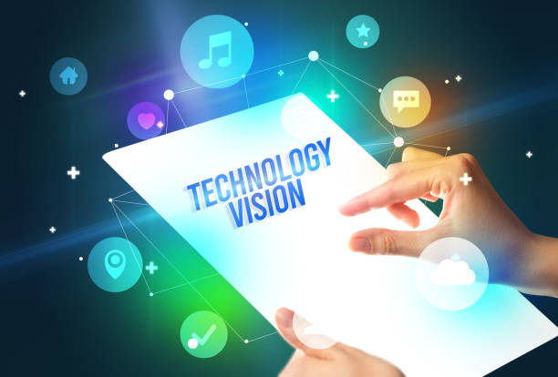 istock Holding futuristic tablet, new media concept 1220152461
