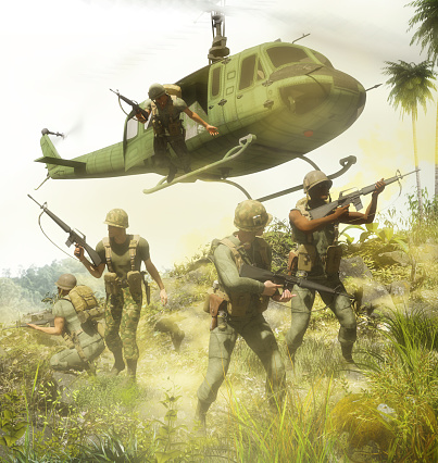 Air assault with light mobile infantry on helicopters during the Vietnam war, 3d render.
