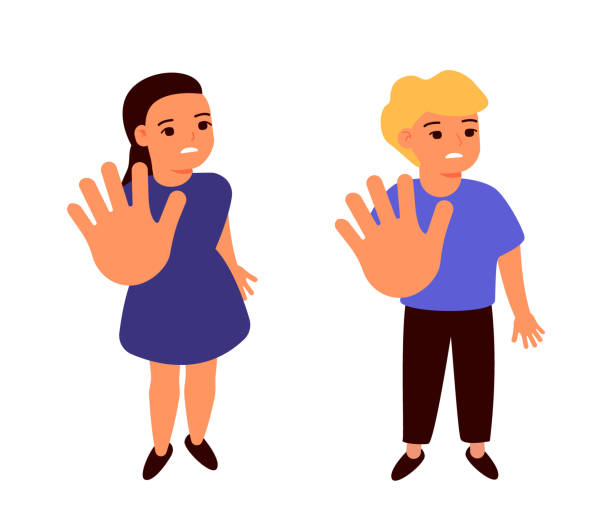 przerażona smutna dziewczyna i chłopiec trzyma się za ręce, ograniczając gest, zatrzymaj symbol. przemoc, znęcanie się nad dziećmi. ilustracja wektorowa - violence child abuse child baby girls stock illustrations