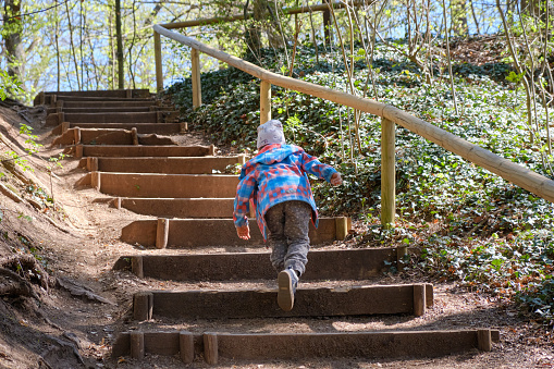 Rear view of caucasian child running up a wooden stair at a footpath in a beautiful sunny springtime forest. Seen in Germany in April.