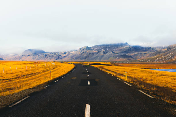 View of the beautiful road with panoramic view of the mountain peaks and illuminated orange meadow during bright sunny autumn day in the West Iceland