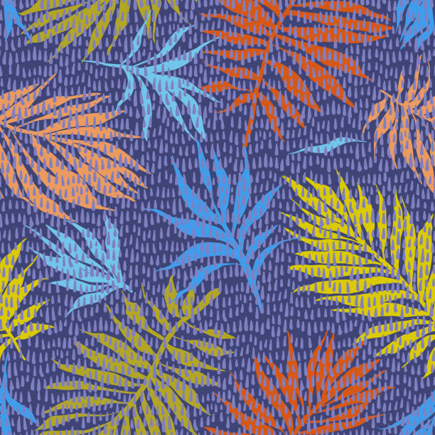 ботанический бесшовный узор из листьев, растений и веточек - backgrounds tropical climate repetition pattern stock illustrations