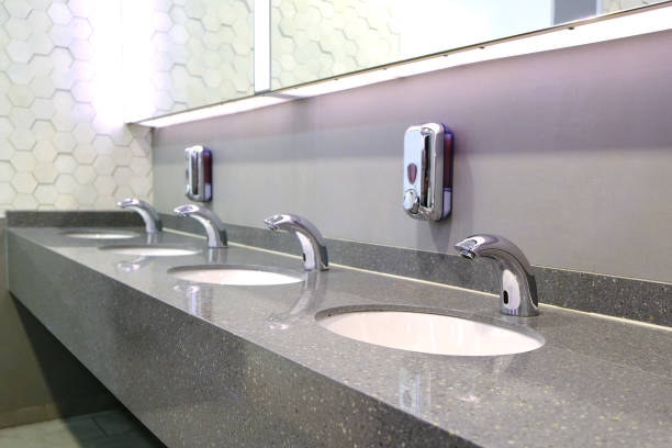istock Classic modern washbasins with chrome touch water tap and soap dish. 1220161612