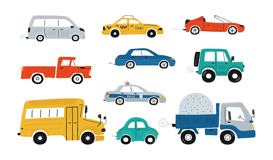 Cute collection colorful cars isolated on a white background. Icons in hand drawn style for design of children's rooms, clothing, textiles. Vector illustration