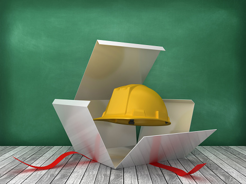 Gift Box with Construction Helmet on Chalkboard Background - 3D Rendering