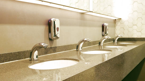 istock Classic modern washbasins with chrome touch water tap and soap dish. 1220163697