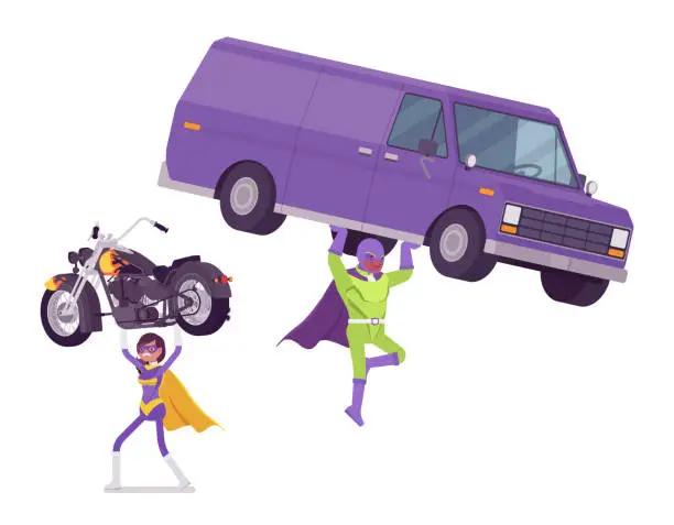 Vector illustration of Male, female super hero in bright costume carrying bike, van