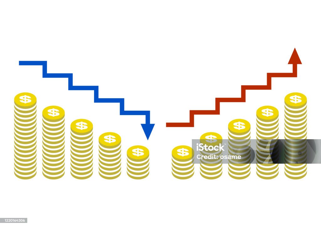 Erhöhen des Umsatzsymbols und des Liniensymbols für die Geldreduktion. Dollar. Vektor-Illustration. - Lizenzfrei Grafik Vektorgrafik