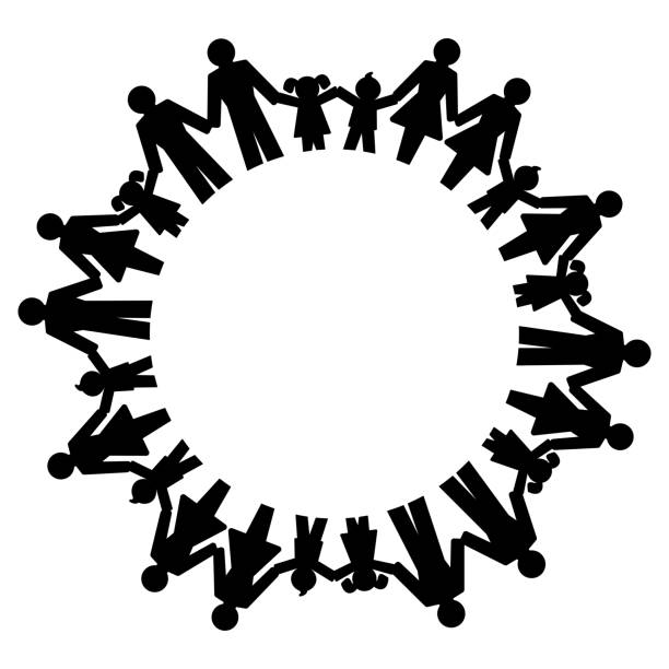 Men, women, boys and girls holding hands and forming a circle Men, women, boys and girls holding hands and standing in a circle. Pictograms of connected people forming a circle to express friendship, family, relationships and the society.  Illustration. Vector. man gay stock illustrations