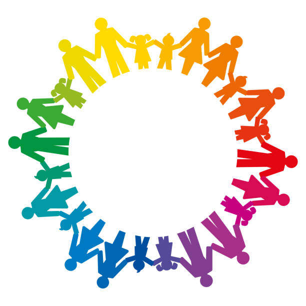 Rainbow circle formed by men, women, boys and girls holding hands Rainbow circle formed by men, women, boys and girls holding hands. Pictograms of connected people standing in a circle to express friendship, family, relationships and society.  Illustration. Vector. kids holding hands stock illustrations