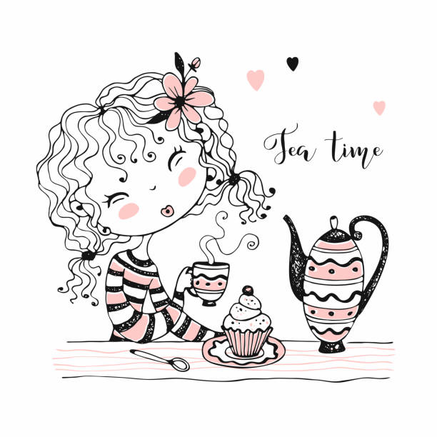 ilustraciones, imágenes clip art, dibujos animados e iconos de stock de linda chica bebiendo té. fiesta del té. vector. estilo doodle. - tea party party tea little girls