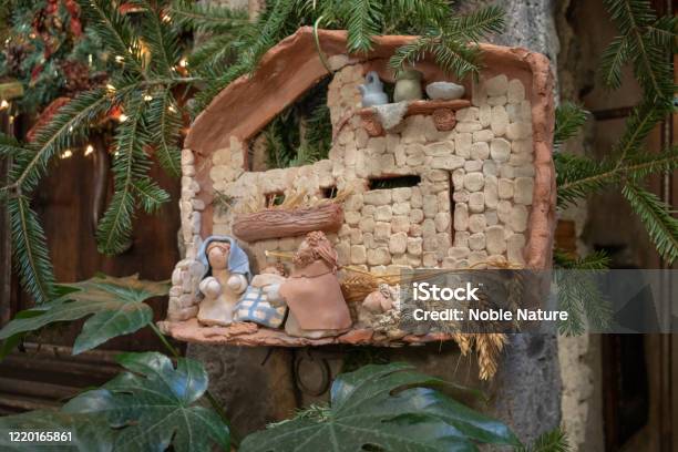 Homemade Diy Christmas Creche Made Of Wooden Pearl Stock Photo - Download Image Now - Nativity Scene, Toy, Art