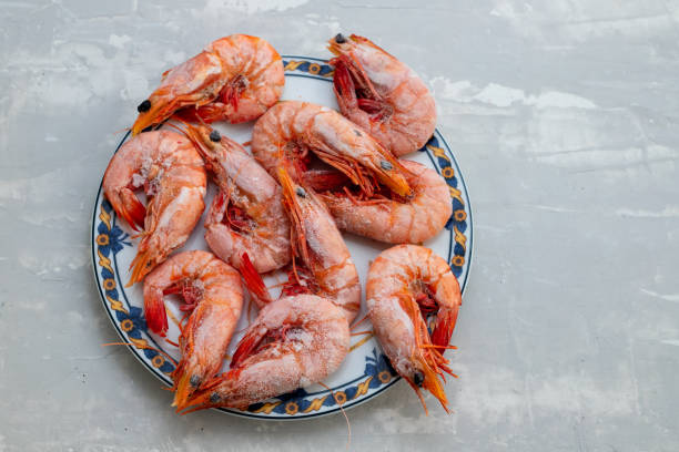 istock frozen shrimps on plate on ceramic background 1220167133