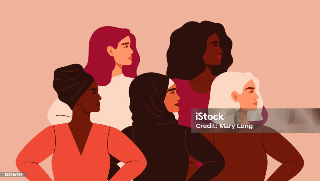 Five women of different nationalities and cultures standing together. Five women of different nationalities and cultures standing together. Friendship poster, the union of feminists or sisterhood. The concept of gender equality and of the female empowerment movement. Women stock vector
