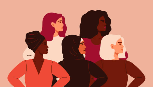 Five women of different nationalities and cultures standing together. Five women of different nationalities and cultures standing together. Friendship poster, the union of feminists or sisterhood. The concept of gender equality and of the female empowerment movement. muscular build illustrations stock illustrations